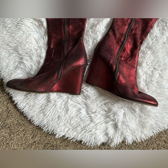 Nanette Lepore Sparkly Knee High Boots Wedge Red Womens Size 9 B FLAWED - Picture 4 of 14